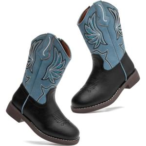 imageDADAWEN Kids Cowboy Boots for Boys Girls Glitter Embroidered Western Square Toe Cowgirl Boots Mid Calf Riding Shoes ToddlerLittle KidBig KidBlackBlue