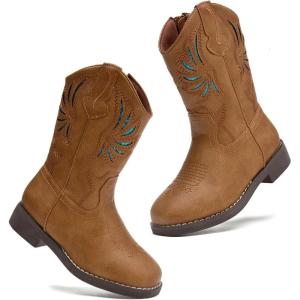 imageDADAWEN Kids Cowboy Boots for Boys Girls Glitter Embroidered Western Square Toe Cowgirl Boots Mid Calf Riding Shoes ToddlerLittle KidBig KidBrown