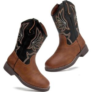 imageDADAWEN Kids Cowboy Boots for Boys Girls Glitter Embroidered Western Square Toe Cowgirl Boots Mid Calf Riding Shoes ToddlerLittle KidBig KidBrownBlack