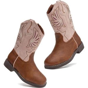 imageDADAWEN Kids Cowboy Boots for Boys Girls Glitter Embroidered Western Square Toe Cowgirl Boots Mid Calf Riding Shoes ToddlerLittle KidBig KidBrownPink