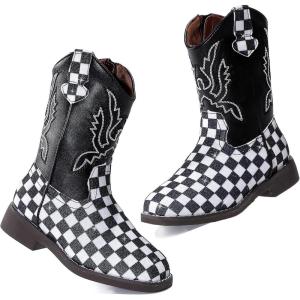 imageDADAWEN Boys Girls Cowboy Boots Embroidery Glitter Mid Calf Square Toe Kids Western Cowgirl Boots Riding Shoes ToddlerLittle KidBig KidBlack