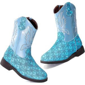imageDADAWEN Boys Girls Cowboy Boots Embroidery Glitter Mid Calf Square Toe Kids Western Cowgirl Boots Riding Shoes ToddlerLittle KidBig KidBlue