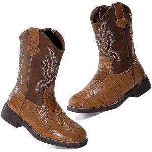 imageDADAWEN Boys Girls Cowboy Boots Embroidery Glitter Mid Calf Square Toe Kids Western Cowgirl Boots Riding Shoes ToddlerLittle KidBig KidBrown
