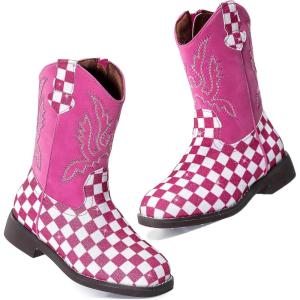 imageDADAWEN Boys Girls Cowboy Boots Embroidery Glitter Mid Calf Square Toe Kids Western Cowgirl Boots Riding Shoes ToddlerLittle KidBig KidPink
