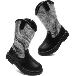 imageDADAWEN Boys Girls Cowboy Boots Bumps Embroidery Square Toe Mid Calf Western Cowgirl Boots Riding Shoes Toddler Little Kid Big Kid02black