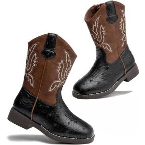 imageDADAWEN Boys Girls Cowboy Boots Bumps Embroidery Square Toe Mid Calf Western Cowgirl Boots Riding Shoes Toddler Little Kid Big KidBlack