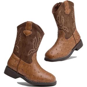 imageDADAWEN Boys Girls Cowboy Boots Bumps Embroidery Square Toe Mid Calf Western Cowgirl Boots Riding Shoes Toddler Little Kid Big KidBrown