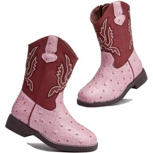 imageDADAWEN Boys Girls Cowboy Boots Bumps Embroidery Square Toe Mid Calf Western Cowgirl Boots Riding Shoes Toddler Little Kid Big KidPink