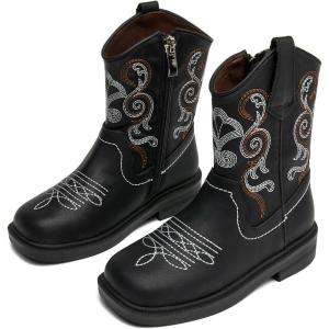 imageDADAWEN Toddler Little Boys Girls Cowboy Boots Kids Embroidered Western Cowgirl Boots Square Toe Mid Calf Riding ShoesBlack