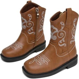 imageDADAWEN Toddler Little Boys Girls Cowboy Boots Kids Embroidered Western Cowgirl Boots Square Toe Mid Calf Riding ShoesBrown