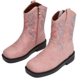 imageDADAWEN Toddler Little Boys Girls Cowboy Boots Kids Embroidered Western Cowgirl Boots Square Toe Mid Calf Riding ShoesPink