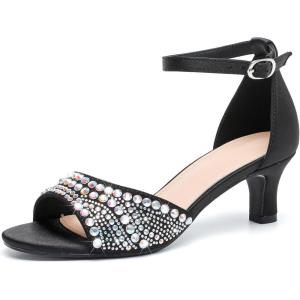 imageDADAWEN Womens Dressy Rhinestone Low Kitten Heel Ankle Strap Open Toe Sandals Dress Shoes Pump Sandals for Wedding Party EveningBlack