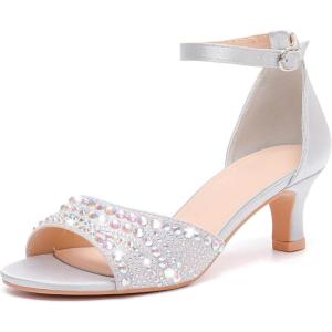 imageDADAWEN Womens Dressy Rhinestone Low Kitten Heel Ankle Strap Open Toe Sandals Dress Shoes Pump Sandals for Wedding Party EveningSilver