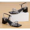 imageDADAWEN Womens Double Bowknots Crystal Sandals Clear Slingback Heels Square Toe Low Block Chunky Heels Sandals Wedding Party Dress Pumps ShoesBlack