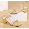 imageDADAWEN Womens Double Bowknots Crystal Sandals Clear Slingback Heels Square Toe Low Block Chunky Heels Sandals Wedding Party Dress Pumps ShoesGold