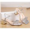 imageDADAWEN Womens Double Bowknots Crystal Sandals Clear Slingback Heels Square Toe Low Block Chunky Heels Sandals Wedding Party Dress Pumps ShoesSilver