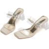 imageDADAWEN Womens Square Toe Clear Two Strap Open Toe Low Block Chunky Slip on Heels Sandals for Women DressyGold