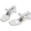 imageDADAWEN Womens Square Toe Clear Two Strap Open Toe Low Block Chunky Slip on Heels Sandals for Women DressySilver