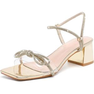 imageDADAWEN Womens Double Bowknots Crystal Sandals Clear Slingback Heels Square Toe Low Block Chunky Heels Sandals Wedding Party Dress Pumps ShoesGold
