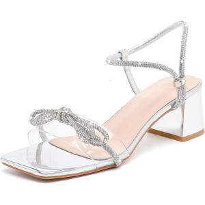 imageDADAWEN Womens Double Bowknots Crystal Sandals Clear Slingback Heels Square Toe Low Block Chunky Heels Sandals Wedding Party Dress Pumps ShoesSilver