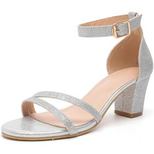 imageDADAWEN Womens Open Toe Ankle Strap Chunk Low Heel Strappy Sandals Bridesmaid Wedding Bridal Party Evening Homecoming Prom Dress Pumps ShoesSilver