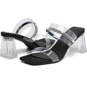 imageDADAWEN Womens Square Toe Clear Two Strap Open Toe Low Block Chunky Slip on Heels Sandals for Women DressyBlack