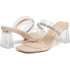 imageDADAWEN Womens Square Toe Clear Two Strap Open Toe Low Block Chunky Slip on Heels Sandals for Women DressyNude