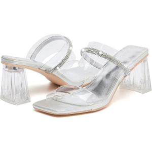 imageDADAWEN Womens Square Toe Clear Two Strap Open Toe Low Block Chunky Slip on Heels Sandals for Women DressySilver