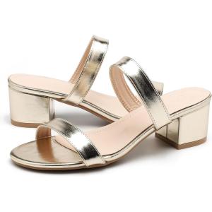 imageDADAWEN Womens Two Strap Open Toe Slip On Low Chunky Heels Sandals Block Heels Mule Sandals Party Dating Wedding Dress Pumps ShoesGold