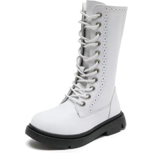 imageDADAWEN Boys Girls Leather LaceUp Waterproof Side Zipper Mid Calf Combat Riding Winter Boots ToddlerLittle KidBig KidWhite