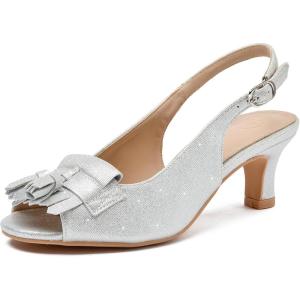 imageDADAWEN Womens Slingback Kitten Heels Tassels Peep Toe Pumps Wedding Party Dress ShoesSilver
