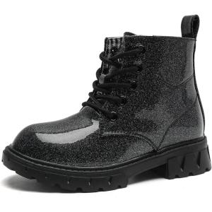 imageDADAWEN Boys Girls Glitter Ankle Boots Lace Up Waterproof Combat Shoes With Side Zipper for ToddlerLittle KidBig Kid01 BlackGlitter