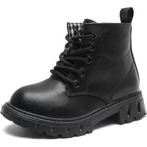 imageDADAWEN Boys Girls Glitter Ankle Boots Lace Up Waterproof Combat Shoes With Side Zipper for ToddlerLittle KidBig Kid01 BlackLeather