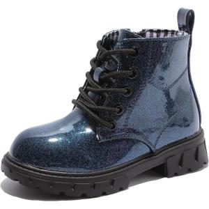 imageDADAWEN Boys Girls Glitter Ankle Boots Lace Up Waterproof Combat Shoes With Side Zipper for ToddlerLittle KidBig Kid01 NavyGlitter