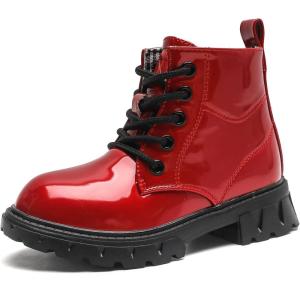 imageDADAWEN Boys Girls Glitter Ankle Boots Lace Up Waterproof Combat Shoes With Side Zipper for ToddlerLittle KidBig Kid01 Red
