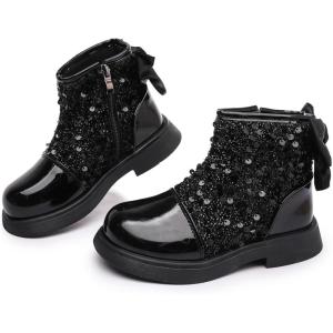 imageDADAWEN Girls Toddler Bow Ankle Boots Glitter Sequin Side Zipper Low Chunky Heel Fall Winter Dress Booties ShoesBlack
