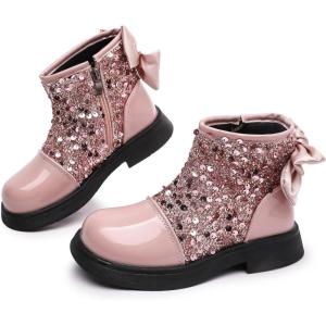 imageDADAWEN Girls Toddler Bow Ankle Boots Glitter Sequin Side Zipper Low Chunky Heel Fall Winter Dress Booties ShoesPink