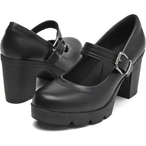 imageDADAWEN Womens Chunky Low Block Heels Mary Jane Closed Round Toe Pumps Comfortable Work Wedding Dress ShoesBlack