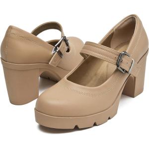 imageDADAWEN Womens Chunky Low Block Heels Mary Jane Closed Round Toe Pumps Comfortable Work Wedding Dress ShoesNude
