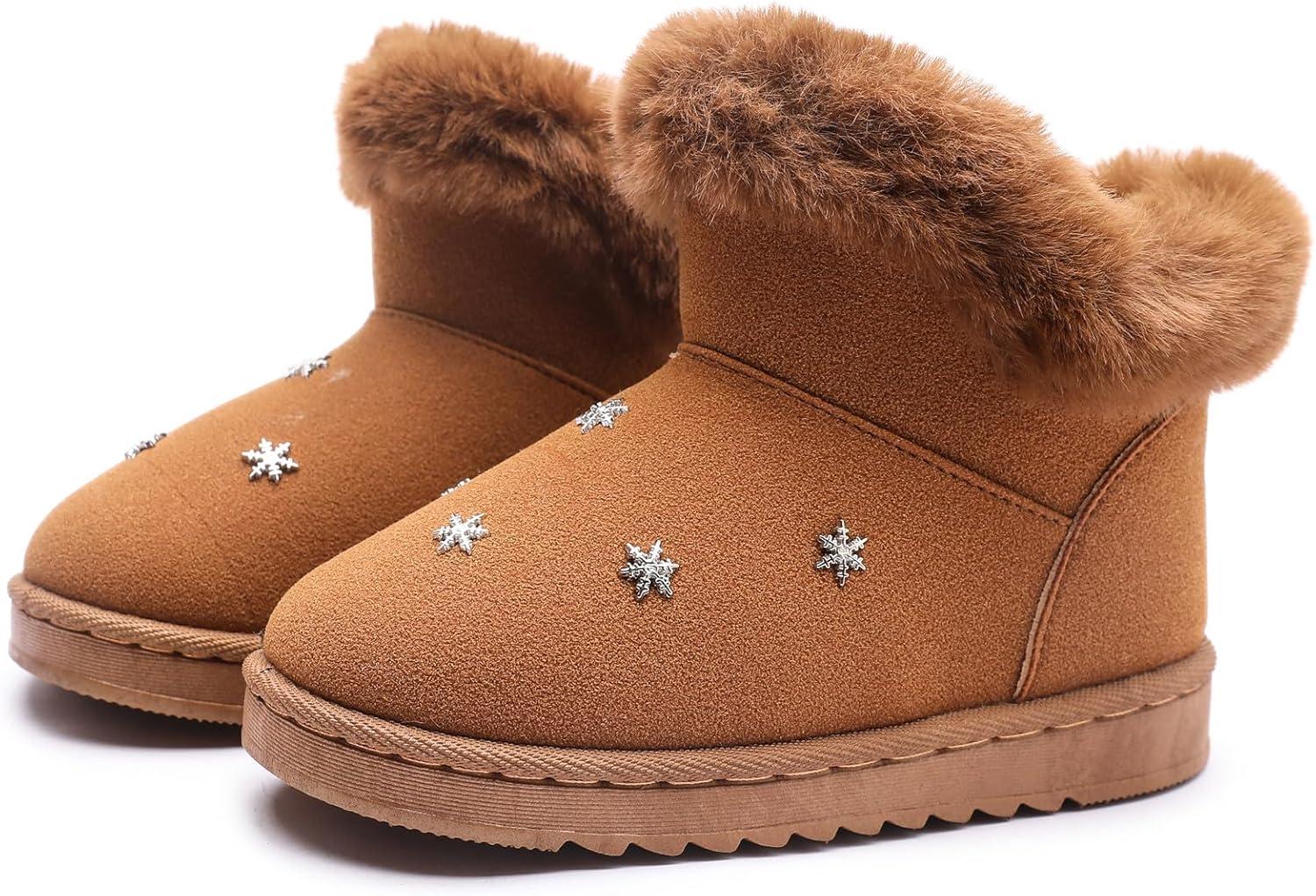 imageDADAWEN Kids Boys Girls Snow Boots Suede Warm Fur Lined Slip On Outdoor Winter Boots ToddlerLittle KidBrown