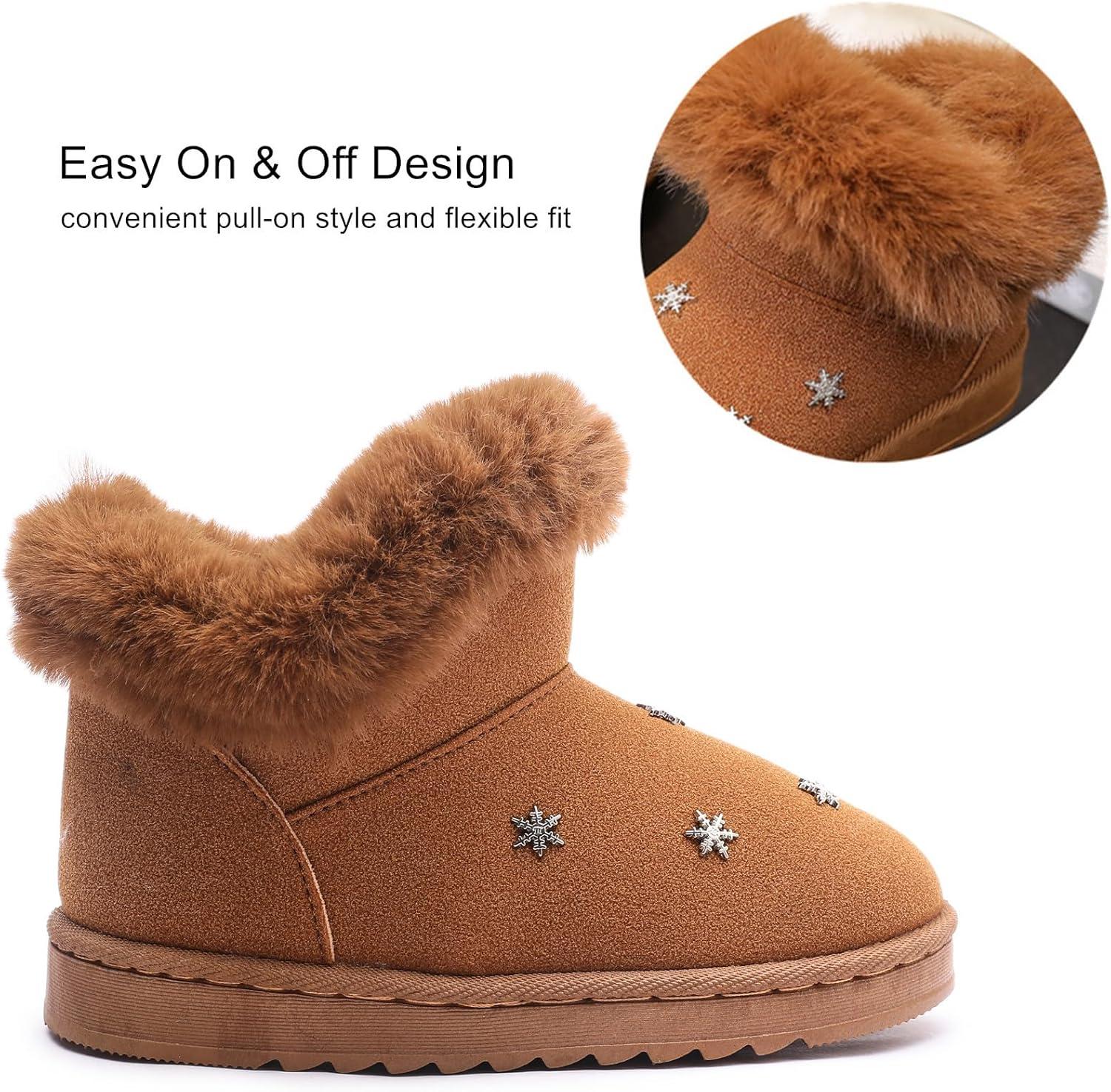 imageDADAWEN Kids Boys Girls Snow Boots Suede Warm Fur Lined Slip On Outdoor Winter Boots ToddlerLittle KidBrown