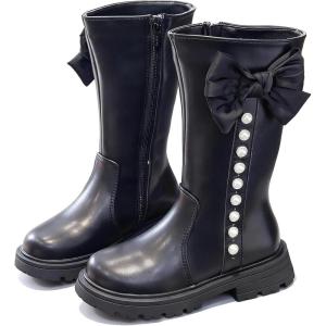 imageDADAWEN Girls Faux Fur Lined Knee High Boots Fashion Bow Pearl Side Zipper Winter Tall Riding Boots for ToddlerLittle KidBig KidBlack