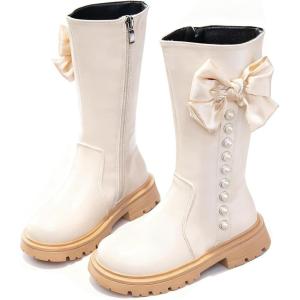 imageDADAWEN Girls Faux Fur Lined Knee High Boots Fashion Bow Pearl Side Zipper Winter Tall Riding Boots for ToddlerLittle KidBig KidCream White