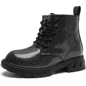 imageDADAWEN Boys Girls Glitter Ankle Boots Lace Up Waterproof Combat Shoes With Side Zipper for ToddlerLittle KidBig Kid01 BlackGlitter