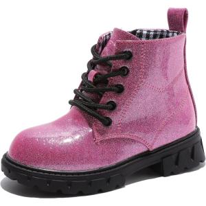 imageDADAWEN Boys Girls Glitter Ankle Boots Lace Up Waterproof Combat Shoes With Side Zipper for ToddlerLittle KidBig Kid01 Hot PinkGlitter