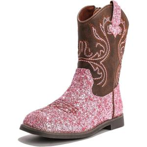 imageDADAWEN Kids Glitter Square Toe Cowgirl Boots Cowboy Western Boots Boys Girls Mid Calf Riding Shoes With Side ZipperPink