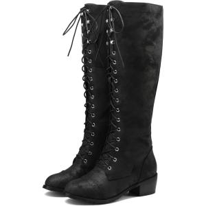 image:imageDADAWEN Womens Over The Knee Thigh High Chunky Heel Boots with Side Zipper Lace Up Fashion Combat Boots Fall Long Tall Boots for WomenBlack