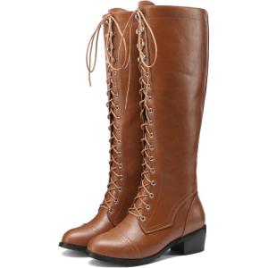 image:imageDADAWEN Womens Over The Knee Thigh High Chunky Heel Boots with Side Zipper Lace Up Fashion Combat Boots Fall Long Tall Boots for WomenBrown