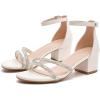 image:imageDADAWEN Womens Sparkly Rhinestone Strappy Heels Open Toe Ankle Buckle Strap Low Block Chunky Heels Dressy Sandals for Wedding PartyWhite