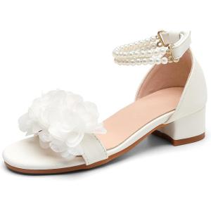 image:imageDADAWEN Girls Dress Shoes Sandals Open Toe Chunky Low Heels Pearls Ankle Strap Flower Girl Wedding Party Shoes for Toddler Little Big KidWhite